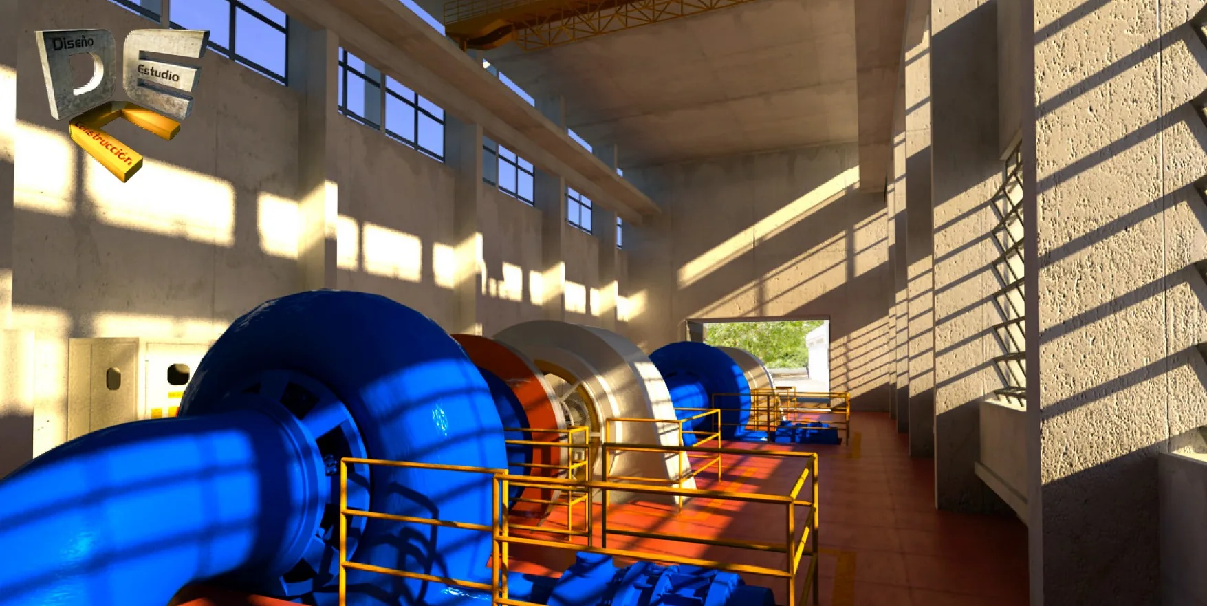 Render de central hidroeléctrica y modelo 3D